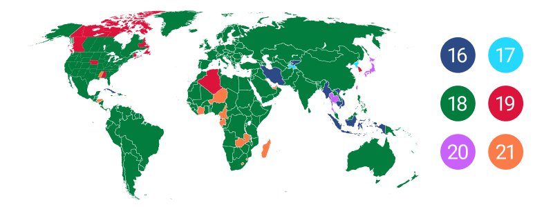 Países onde a Idade Mínima Não é 18 ou 21