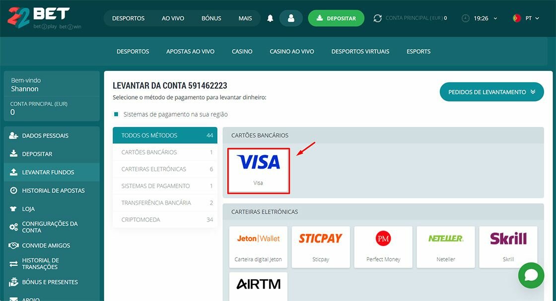 Escolhendo pagamento com Visa no casino