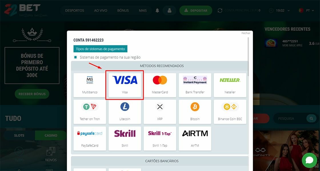 Escolhendo um método de pagamento no casino