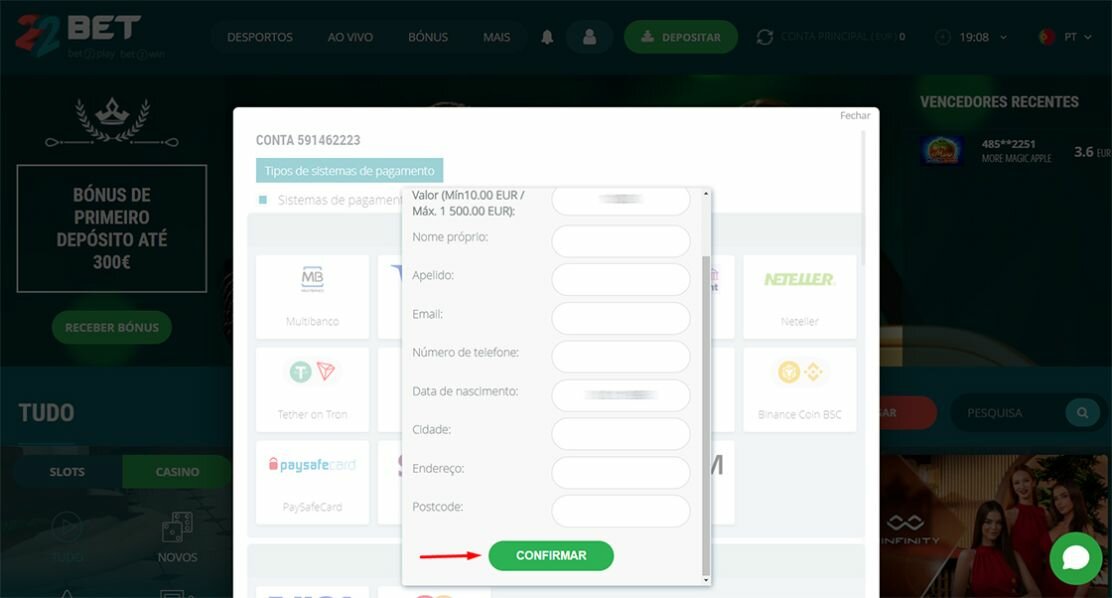 Confirmando o depósito no casino